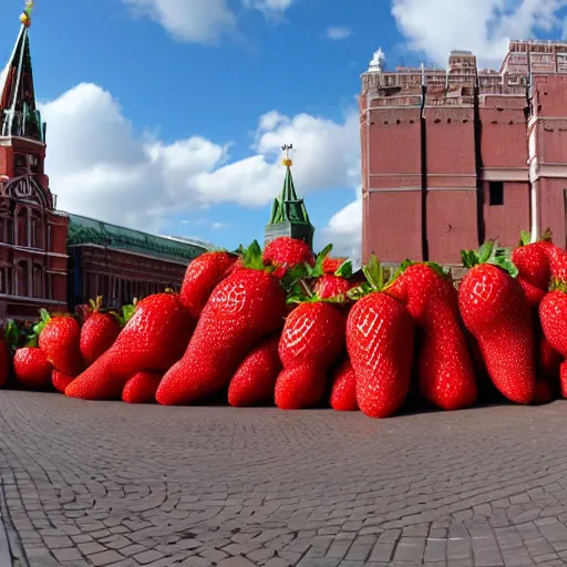 Prompt: super wide shot of giant strawberry on red square, 4 k