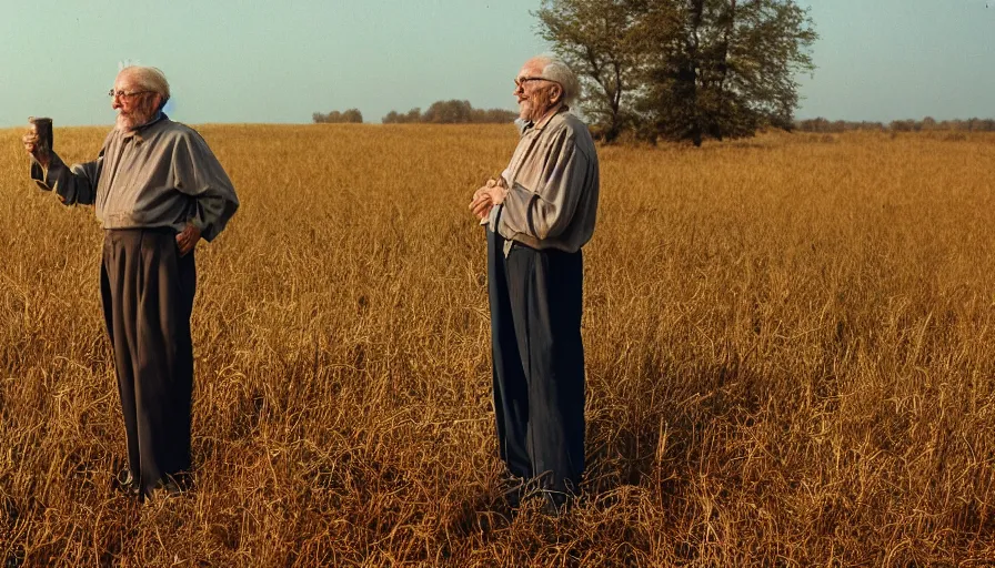 Image similar to cinematic movie still of an old man in a northwest new jersey in field, cinestill 8 0 0 t 3 5 mm eastmancolor, heavy grain, high quality, high detail, golden hour, warm light