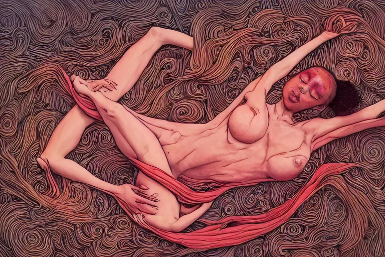 Prompt: top view, full body, lying beautiful mulatto girl inside the venus flytrap, silk fabric, gorgeous, intricate, in the style of Jin Kagetsu, James Jean and wlop, Zdzisław Beksiński style, hyperdetailed, sharp focus, intricate concept art, digital painting, ambient lighting, 4k, artstation trending on Gsociety, trending on ArtstationHQ, trending on deviantart, professionally post-processed, wide-angle action dynamic portraithyperdetailed, hyper quality, 16K