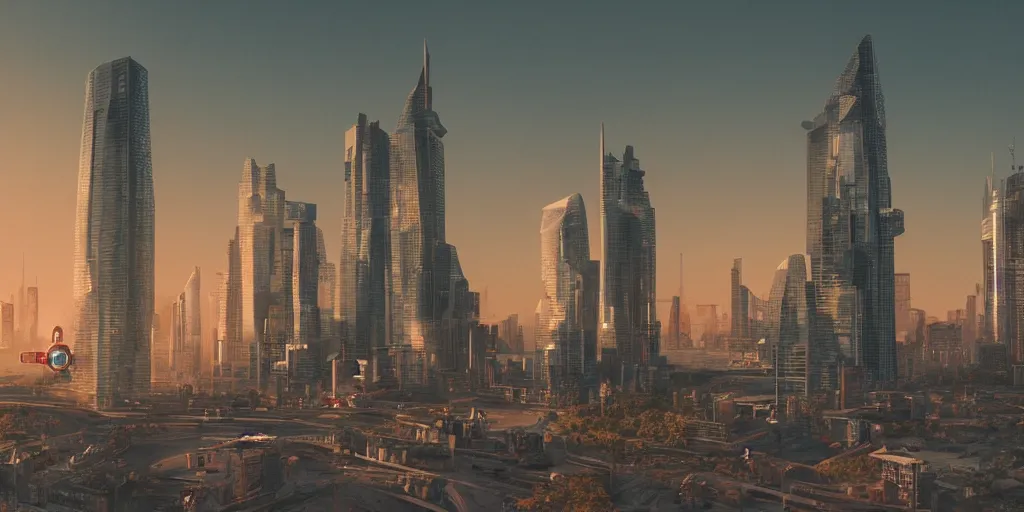 Prompt: a photo of a futuristic city in the style of wes anderson, 35mm, golden hour, cinematic