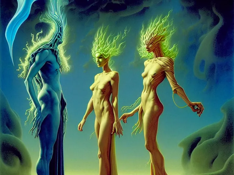 Prompt: the female arcanist and the male artificer by boris vallejo and roger dean and brom and zdzisław beksinski and greg staples and louis janmot, beautiful, flowing magical robe, highly detailed, hyperrealistic, intricate, energy, electric, blue flame, low light, green crystal, high contrast, old and young, lifelike