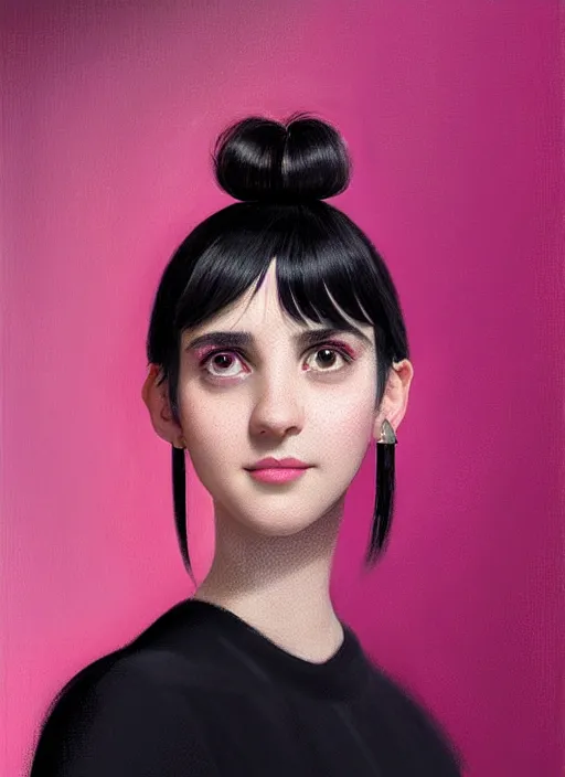 Image similar to portrait of teenage girl, narrow face, black hair, bangs, half updo hairstyle, pointy nose, skinny, smile, unattractive, defined jawline, big chin, pink hair bow, earrings, intricate, elegant, glowing lights, highly detailed, digital painting, artstation, sharp focus, illustration, art by wlop, mars ravelo and greg rutkowski