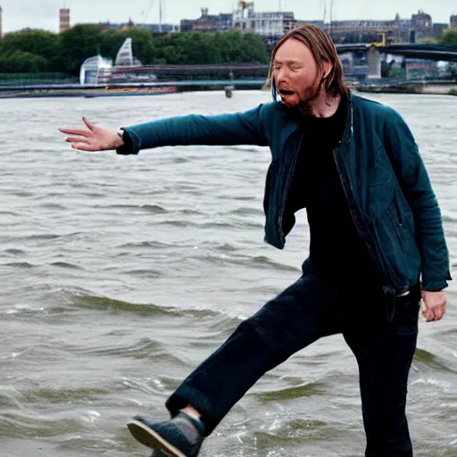 Image similar to thom yorke throwing his computer into the river thames, movie still, highly detailed