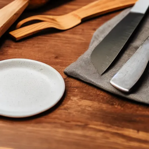 Image similar to a fork, a plate and a knife on a wooden table