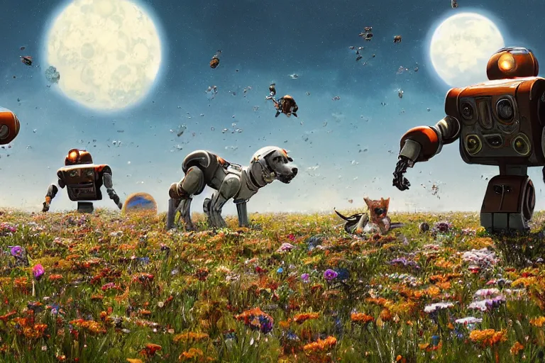 Image similar to robot dogs playing in a field of flowers, blue sky, huge moons by phil foglio and greg rutkowski and james gurney, trending on artstation, hdr, highly detailed