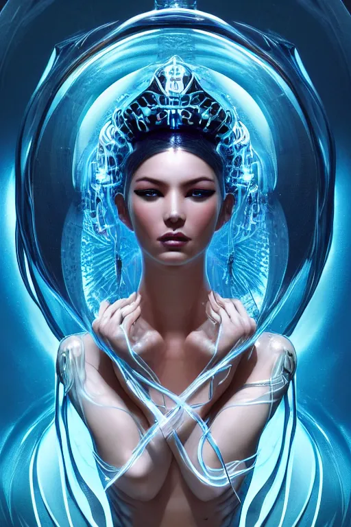 Image similar to a centered render of an alluring futuristic goddess with slight cyborg modifications surrounded by a underwater ink pour and flowing liquid gallium and sacred geometry, perfect body and face, powerful, cinematic, beautifully lit, by artgerm, by karol bak, 3 d, trending on artstation, octane render, 8 k