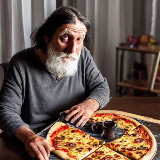 Prompt: a grumpy old danish man with long black hair eating pizza while DMing an AD&D game, D&D, rogue, dark hair, skinny, middle aged, D&D dice on table, papers on table, character sheets on table, natural lighting, black hair