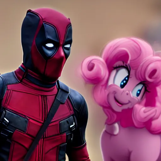 Prompt: cinematic shot of deadpool fighting pinkie pie with a boom mic