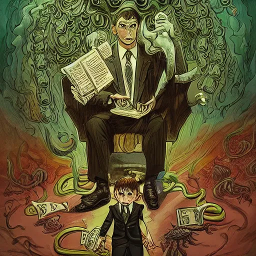 Image similar to Cthulhu as a modern day business man with a family and a drug and gambling addiction, necronomicon is the family Bible , Junji Ito and Greg rutkowski, psychedelic , 50s style infomercial , award winning , retro futuristic