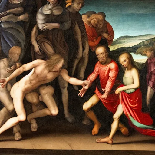 Image similar to alien walking between people, Renaissance painting style