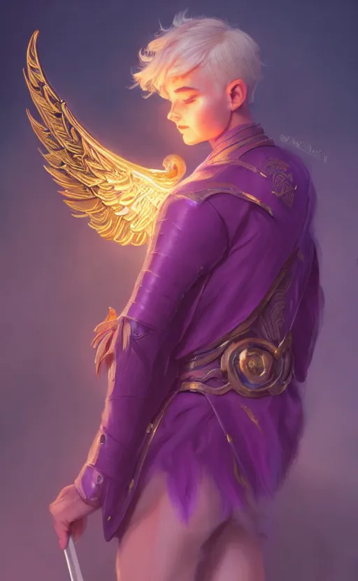 Image similar to a non - binary halfling with cropped hair, golden glowing angel wings on their back, wearing a purple smoking jacket, d & d, fantasy, intricate, elegant, highly detailed, digital painting, artstation, concept art, matte, sharp focus, illustration, art by artgerm and greg rutkowski