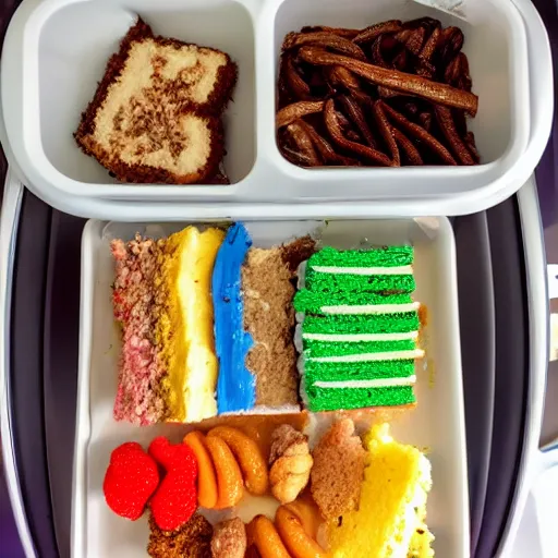 Prompt: POV photo of an airplane food tray filled with cake and worms
