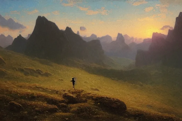 Prompt: a traveler wandering trough the mountains looking at the clouds, very detailed, focused, oil painting, cinematic lighting, albert bierstadt, trending on artstation, colorful, canvas, sunset, centered, hans dahl, theodor kittelsen, hermann hendrich, national geographic, Konstantin Yakovlevich Kryzhitsky, beautiful nature, breathtaking, nordic