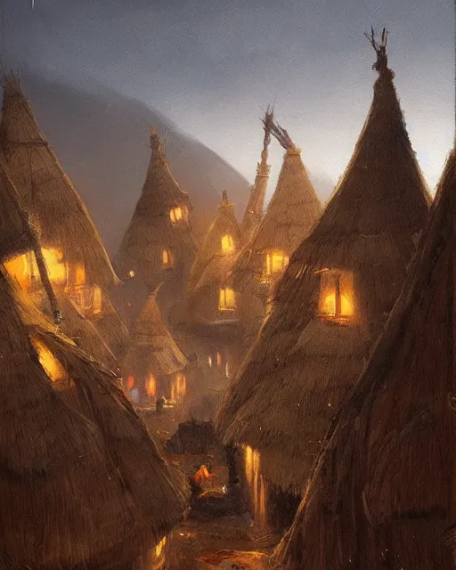 Image similar to Painting by Greg Rutkowski, a big ceramic jug with a gold ornament flies high in the night sky above a small village with built-up huts under thatched roofs