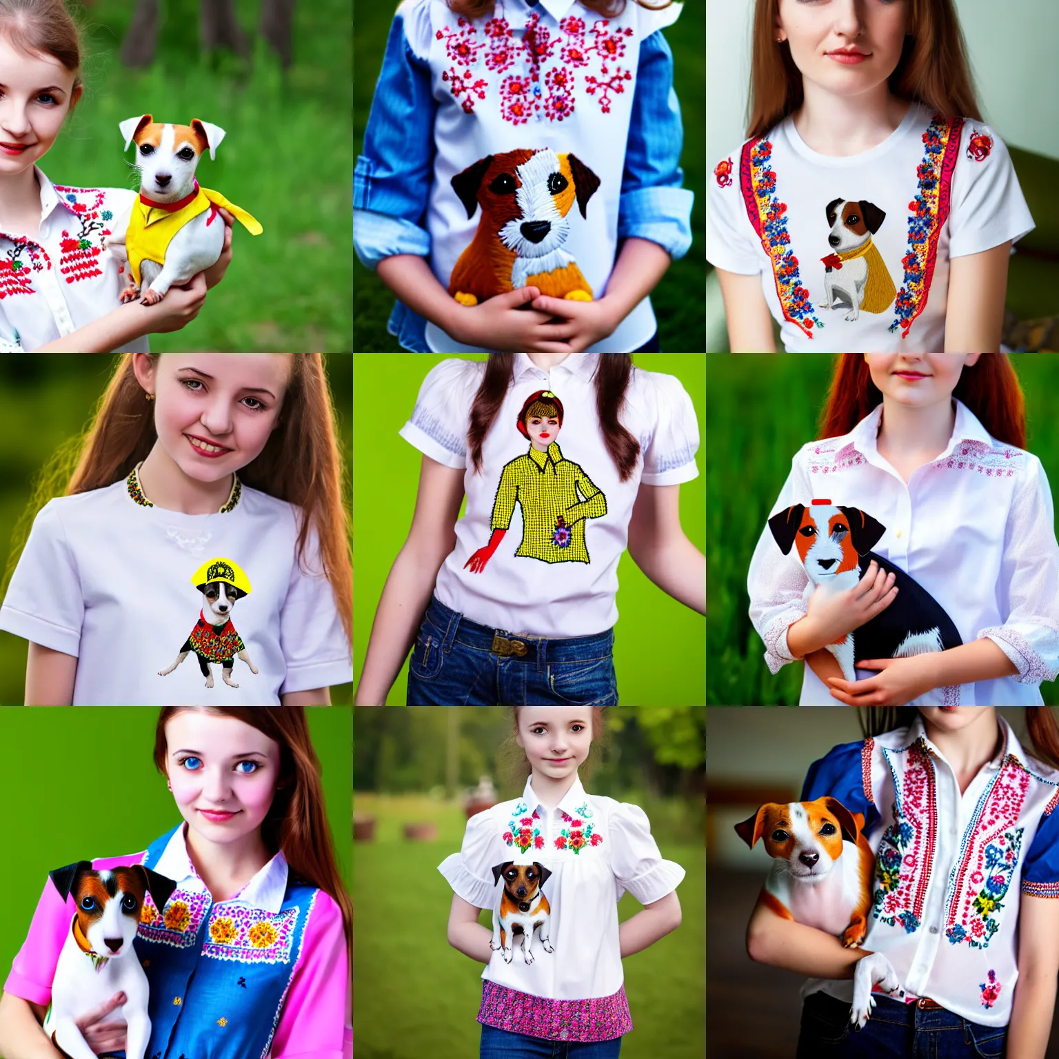 Prompt: Ukrainian girl in embroidered shirt. Girl holding jack russell terrier