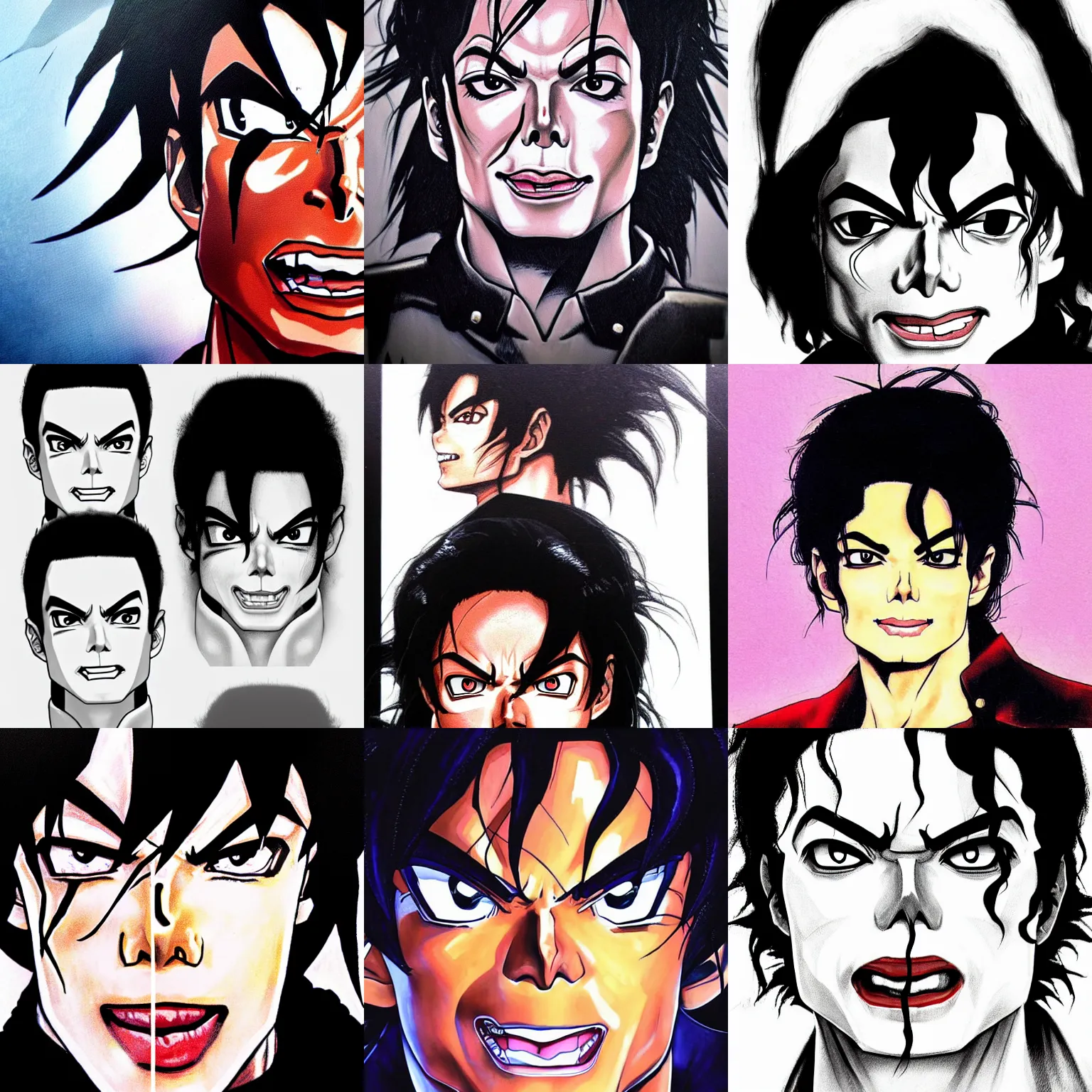 Prompt: michael jackson!!! head close up concept art of michael jackson!! as a dragon ball character, beautiful landscape, 4 k anime character anime concept art ink by akira toriyama, artstation