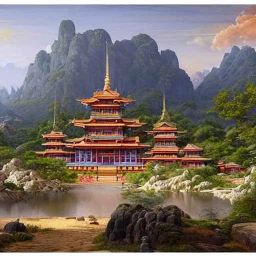 Prompt: a beautiful and highly detailed matte painting of a colorful yet humble buddhist temple and fort built of large stones in the distance high in the most epic mountains ever, intricate details, epic scale, insanely complex, 8 k, sharp focus, hyperrealism, very realistic, by caspar friedrich, greg rutowski, hudson river school