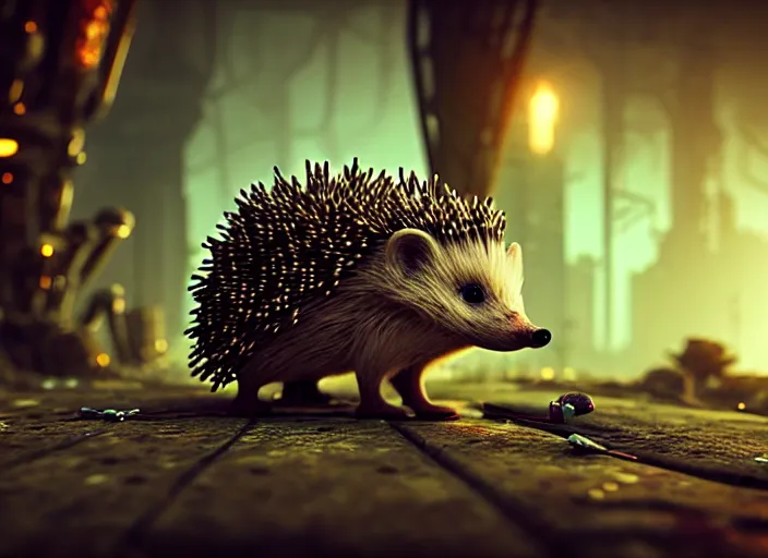 Image similar to intricate hedgehog with nails instead of needles, on the background of a weird magical mechanical forest. Very detailed 8k. Fantasy cyberpunk horror. Sharp. Cinematic post-processing. Unreal engine. Nanite. Ray tracing. Parallax. Tessellation