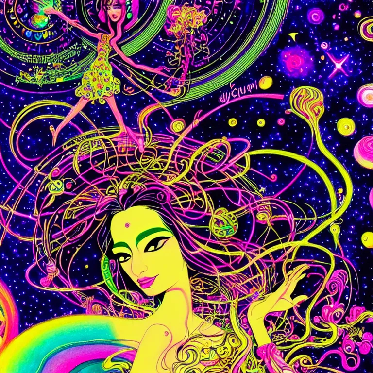 Prompt: cosmic girl surrounded by symbols, medium close - up, realistic face, psychedelic crystal background, bright neon colors, highly detailed, cinematic, eyvind earle, tim white, philippe druillet, roger dean, lisa frank, aubrey beardsley, hiroo isono