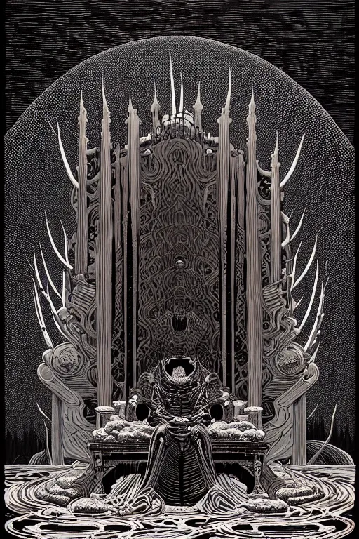 Image similar to infermal majesty's throne by nicolas delort, moebius, victo ngai, josan gonzalez, kilian eng