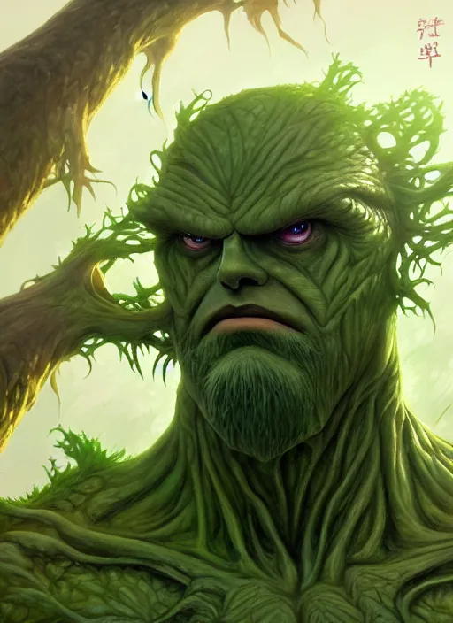 Image similar to portrait of swamp thing, artstation, cartoon, elegant, highly detailed, digital painting, masterpiece art by ghibli!, makoto shinkai!, bluth!, fujita goro!, giraud!, ghailan!, akihiko yoshida!, fadeev! 8 k