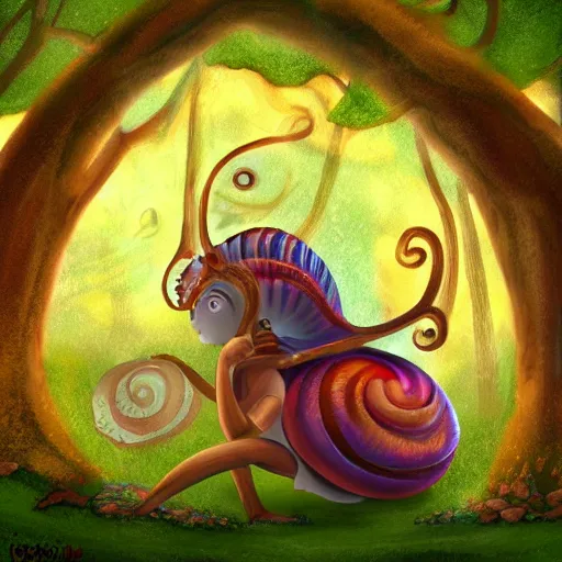Prompt: a snail god watching over the magical forest, digital painting