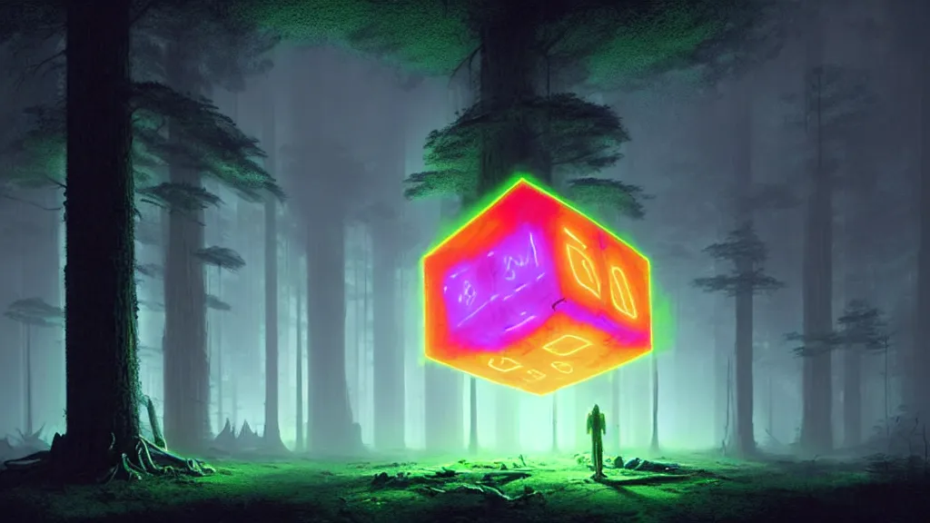 Prompt: a huge indeterminate color alien cube with a strange texture from nanotechnology, with neon color from its depths, forgotten and lost in the forest, detailed digital art by greg rutkowski.