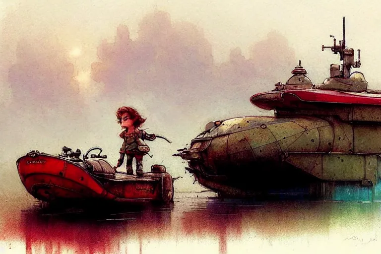 Image similar to adventurer ( ( ( ( ( 1 9 5 0 s retro future robot android mouse house boat tug boat calm stream. muted colors. ) ) ) ) ) by jean baptiste monge!!!!!!!!!!!!!!!!!!!!!!!!! chrome red