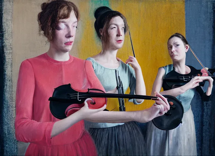 Prompt: portrait of two sister violin players getting ready to perform looking, half figure front, francis bacon and pat steir and petra cortright and james jean, psychological, photorealistic, intriguing details, rendered in octane, altermodern