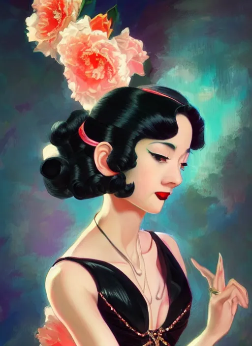 Image similar to a beautiful dancer with black hair in 1940's fashion, ballroom background, intricate, highly detailed, digital painting, artstation, official media, anime key visual, concept art, rich vivid colors, ambient lighting, sharp focus, illustration, art by Artgerm, Makoto Shinkai, Ilya Kuvshinov, Lois Van Baarle, and Rossdraws