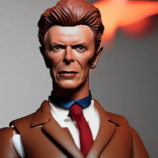 Prompt: 3d printed action figure of David Bowie as Nichola Tesla with a flying monkey, Hot Toys, macro photo, HD, octane render, ultra realistic, Enki Bilal style