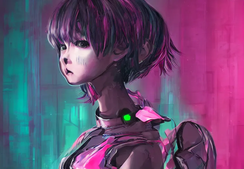 Prompt: little android girl with eccentric pink haircut wearing dress made by black feather, cyberpunk, anime style artwork, dark, neon, anatomically perfect