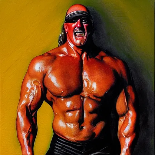 Prompt: wrestler hulk hogan, photorealistic, ring of fire, painted by phil hale