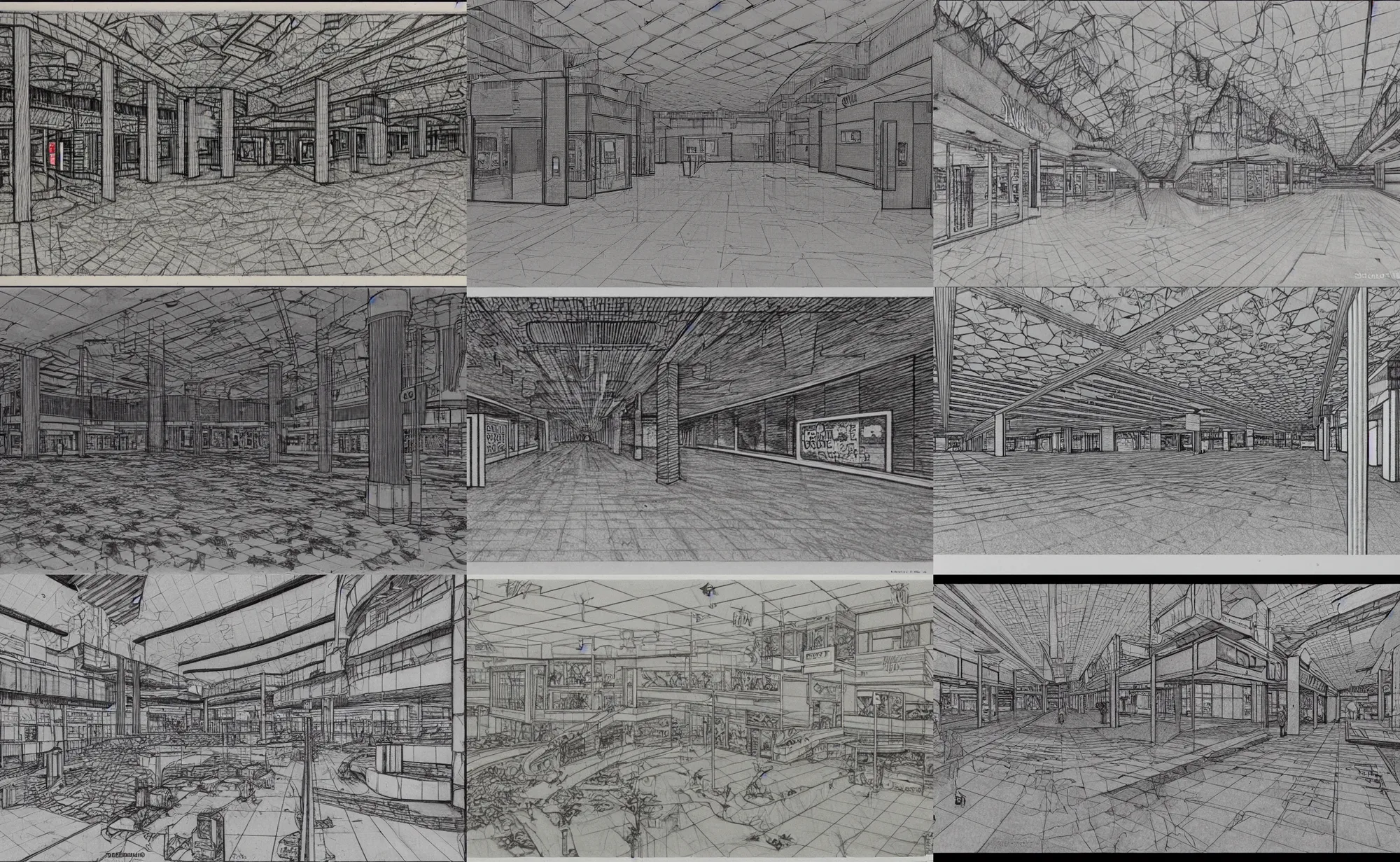 Prompt: Well-detailed 1980s abandoned shopping mall, skillful pencil rendering magnus opus