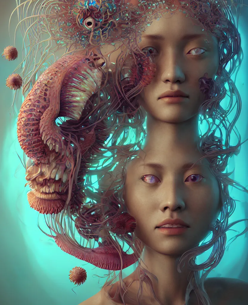 Image similar to goddess close-up portrait. chimera orchid jellyfish phoenix head, nautilus, skull, betta fish, bioluminiscent creatures, intricate artwork by Tooth Wu and wlop and beeple. octane render, trending on artstation, greg rutkowski very coherent symmetrical artwork. cinematic, hyper realism, high detail, octane render, 8k