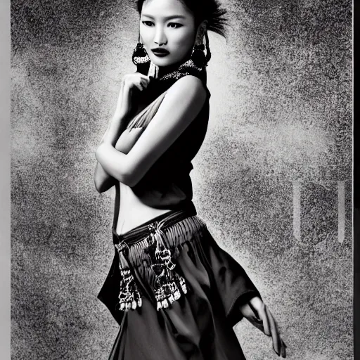 Image similar to a beautiful professional photograph by hamir sardar, herb ritts and ellen von unwerh for the cover of vogue magazine of a beautiful and unusually attractive tibetan female fashion model looking at the camera in a flirtatious way, zeiss 5 0 mm f 1. 8 lens