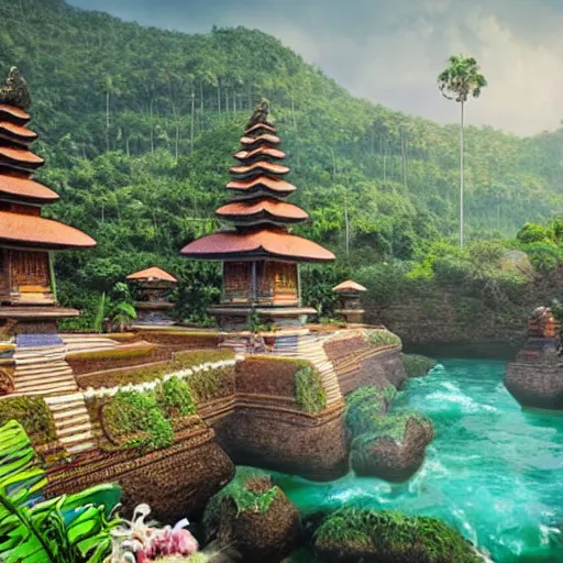 Image similar to A beautiful, perfect, impressive, amazing concept art digital CG painting of a place in Bali, trending on ArtStation, Unreal Engine