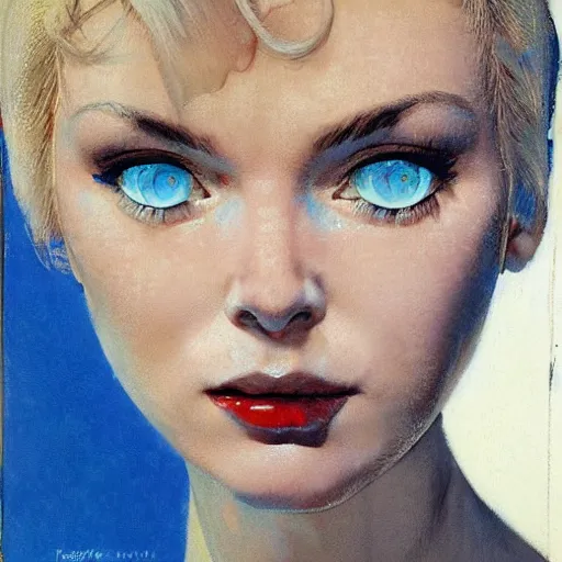 Prompt: Frontal portrait of a woman with ice blue eyes, by Robert McGinnis.