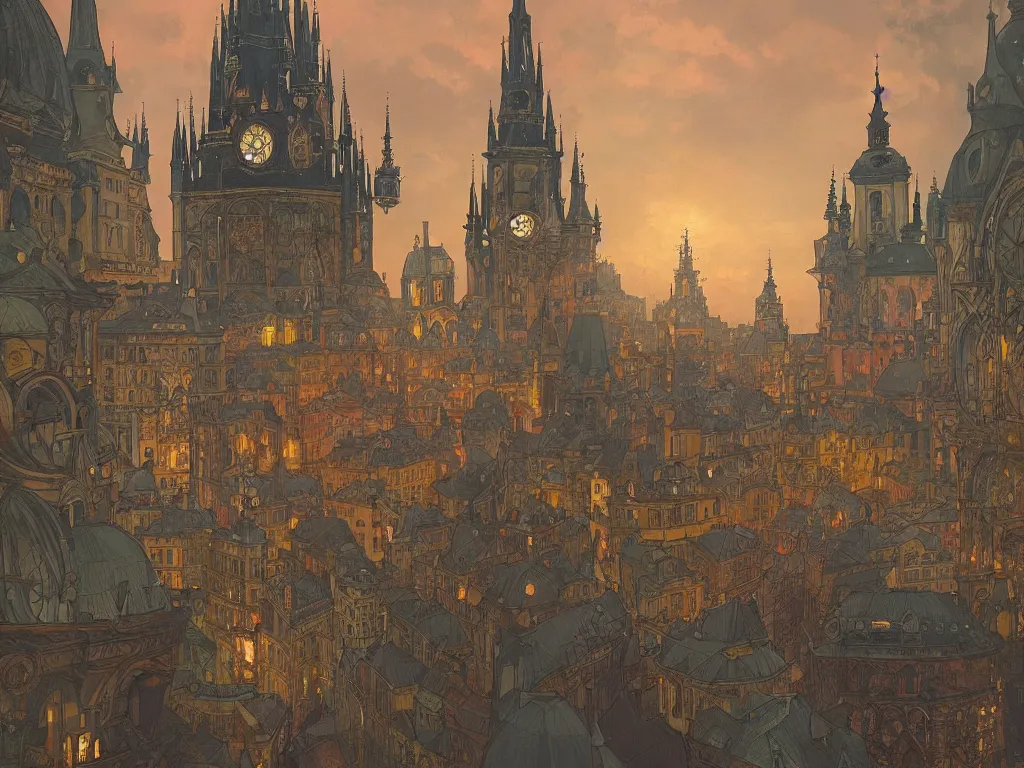 Prompt: a bell jar containing a city resembling prague, paris, and venice at dusk, intricate, elegant, highly detailed, digital painting, artstation, concept art, smooth, sharp focus, colored illustration for tattoo, art by krenz cushart and artem demura and alphonse mucha,