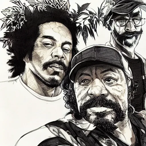 Image similar to portrait of cheech and chong, concept art, sumi - e style, intricate linework, artstation, trending, highly detailed, smooth, focus, art by yoji shinkawa,