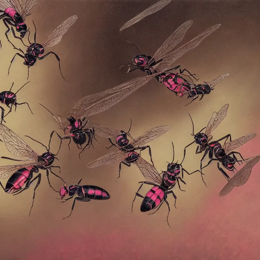 Prompt: a baroque neoclassicist close - up painting of pink wasps out of picture frames. reflective detailed textures. glowing colorful fog, black background. highly detailed fantasy science fiction painting by moebius, norman rockwell, frank frazetta, and syd mead. rich colors, high contrast. artstation