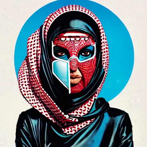 Image similar to a portrait of a saudi woman wearing a diver suit and mask with side profile blood in ocean intricate details by MARVEL comics and Sandra Chevrier-C