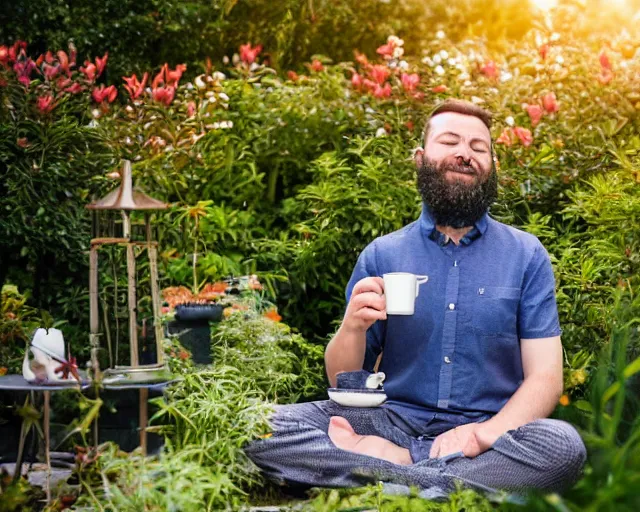 Image similar to mr robert is drinking fresh tea, smoke weed and meditate in a garden from spiral mug, detailed smiled face, short beard, golden hour, red elegant shirt