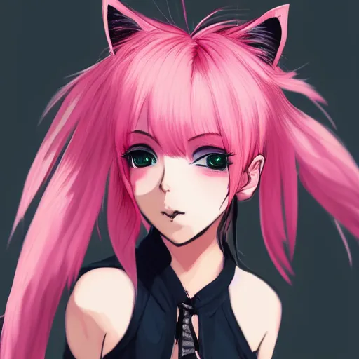 Prompt: full headshot portrait of anime woman with fox tail, punk, digital art, short pink hair, pixie cut, drawn by WLOP, by Avetetsuya Studios, anime manga panel, trending on artstation