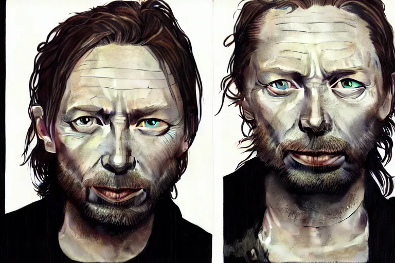 Image similar to hyper realistic portrait of wider faced thom yorke, bigger nose, bigger forehead, bigger chin, on a stage, by lee bermejo, alphonse mucha and greg rutkowski