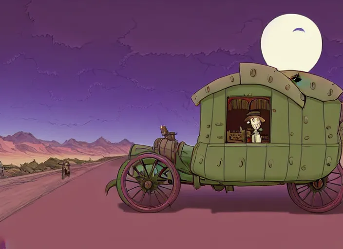 Image similar to a cell shaded cartoon of a lovecraftian tortoise stage coach from howl's moving castle ( 2 0 0 4 ), on a desert road, in front of a pale full moon, full body, wide shot, very dull colors, post grunge, studio ghibli, laurie greasley, highly detailed, deviantart, art by artgem