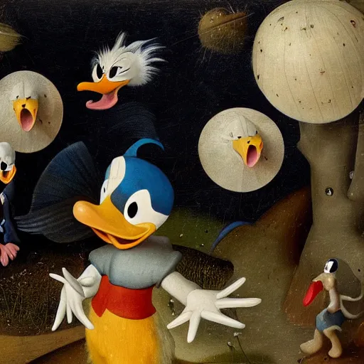 Image similar to donald duck in the garden of earthly delights by hieronymus bosch, hyper detailed, photorealistic, trending on artstation, rule of thirds, super sharp, crispy.