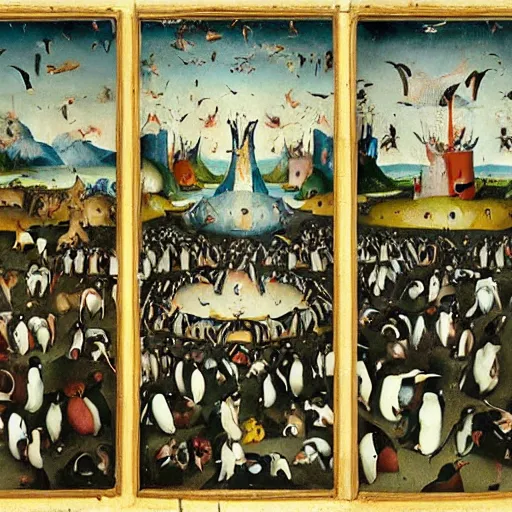 Image similar to the garden of earthly delights but with penguins, lots of penguins, Hieronymus Bosch, triptych