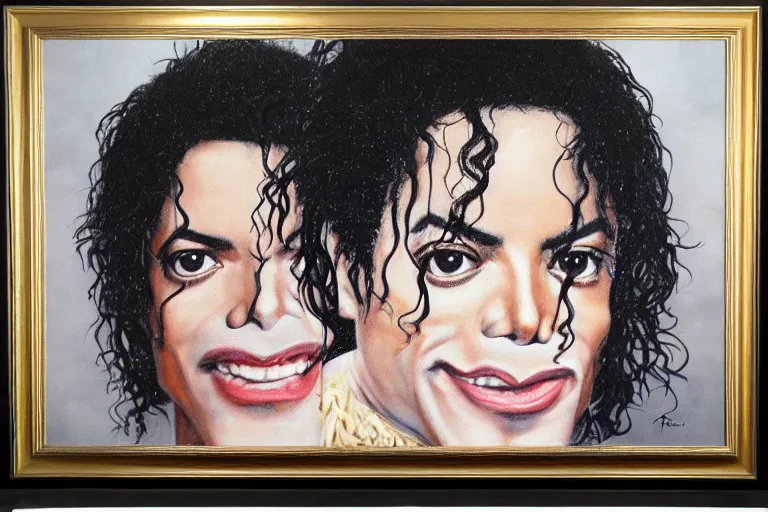 Prompt: michael jackson eating a funnel cake portrait in oil on black velvet, in frame, 4 k, hyper - realistic