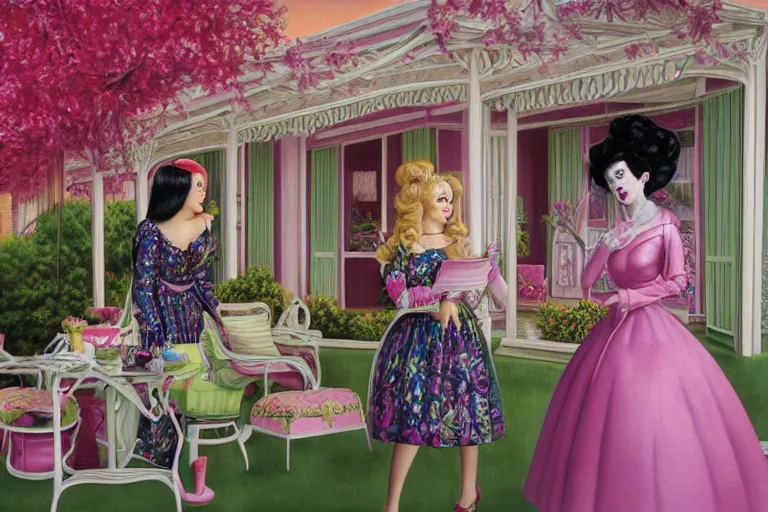 Image similar to Angelyne and martina bigg share stories on the veranda, painted by mark ryden